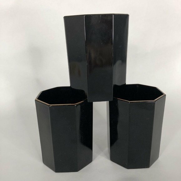 3 Arcoroc Black Shanghai Mugs Gold Trim Octime Octagon Made France Coffee Cups - Picture 2 of 6